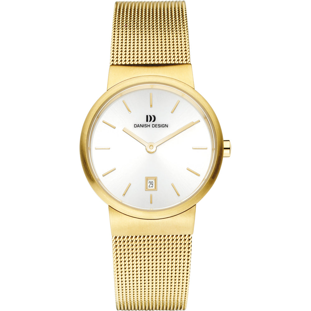 Gouden horloge met een witte wijzerplaat, mesh-band en een datumaanduiding.