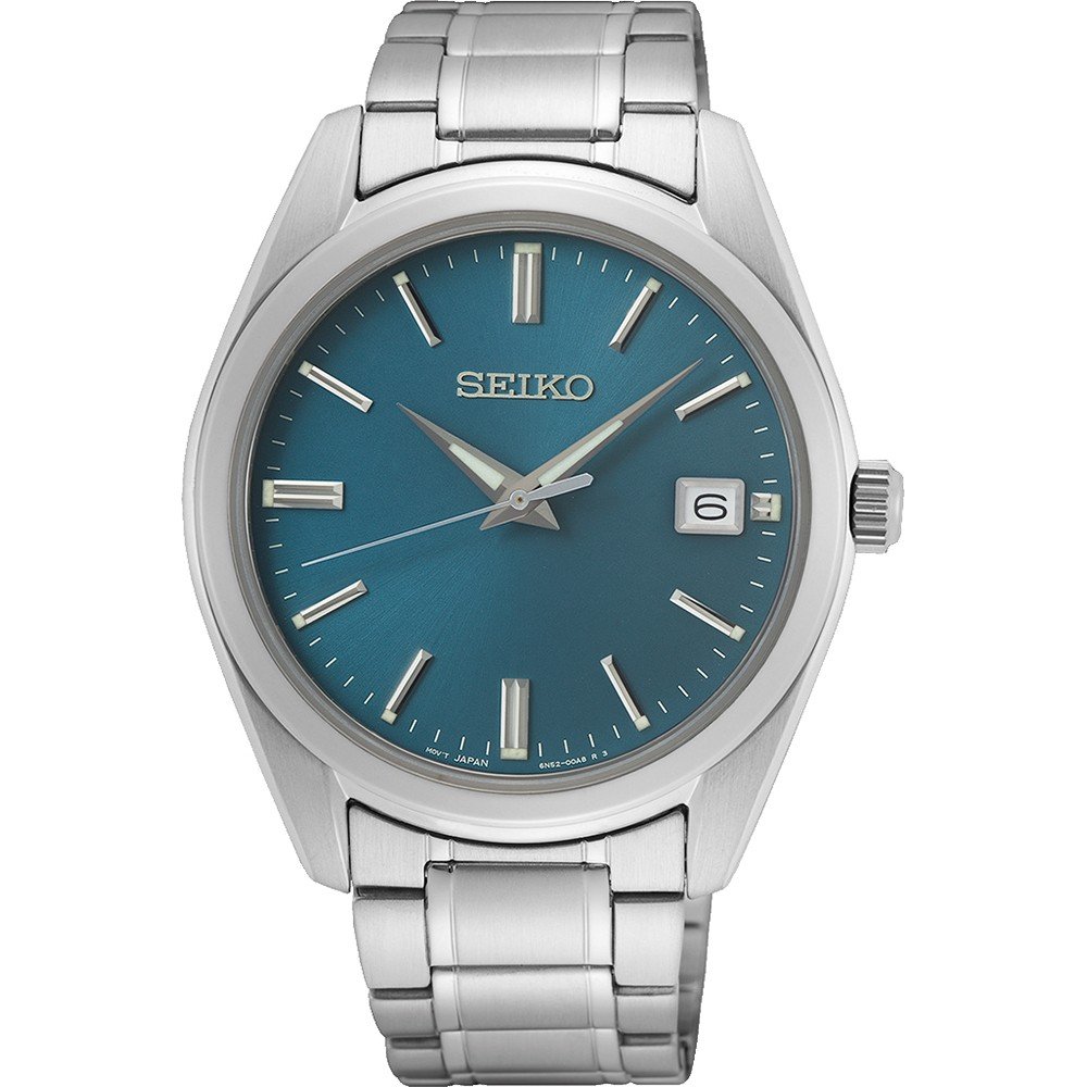 Heren horloge met zilveren stalen band en een turquoise wijzerplaat, voorzien van datumaanduiding.