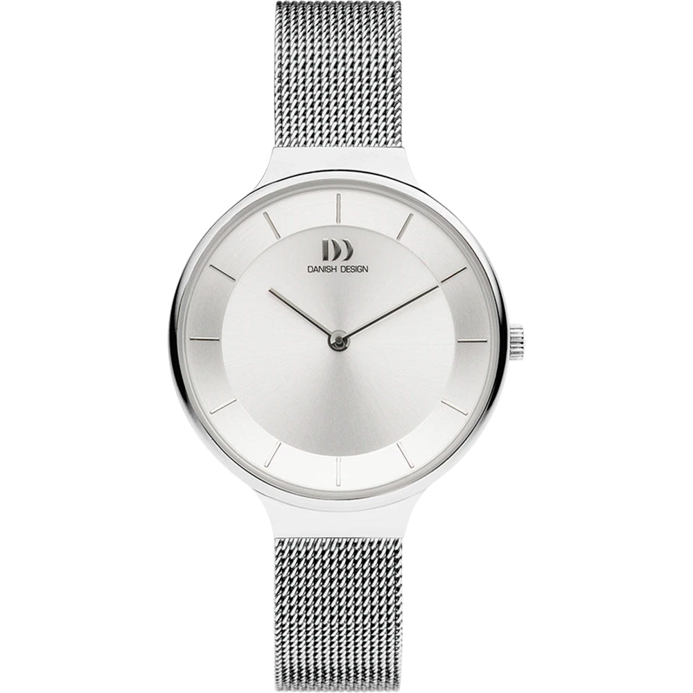 Zilveren horloge met een minimalistische wijzerplaat en een mesh-band.