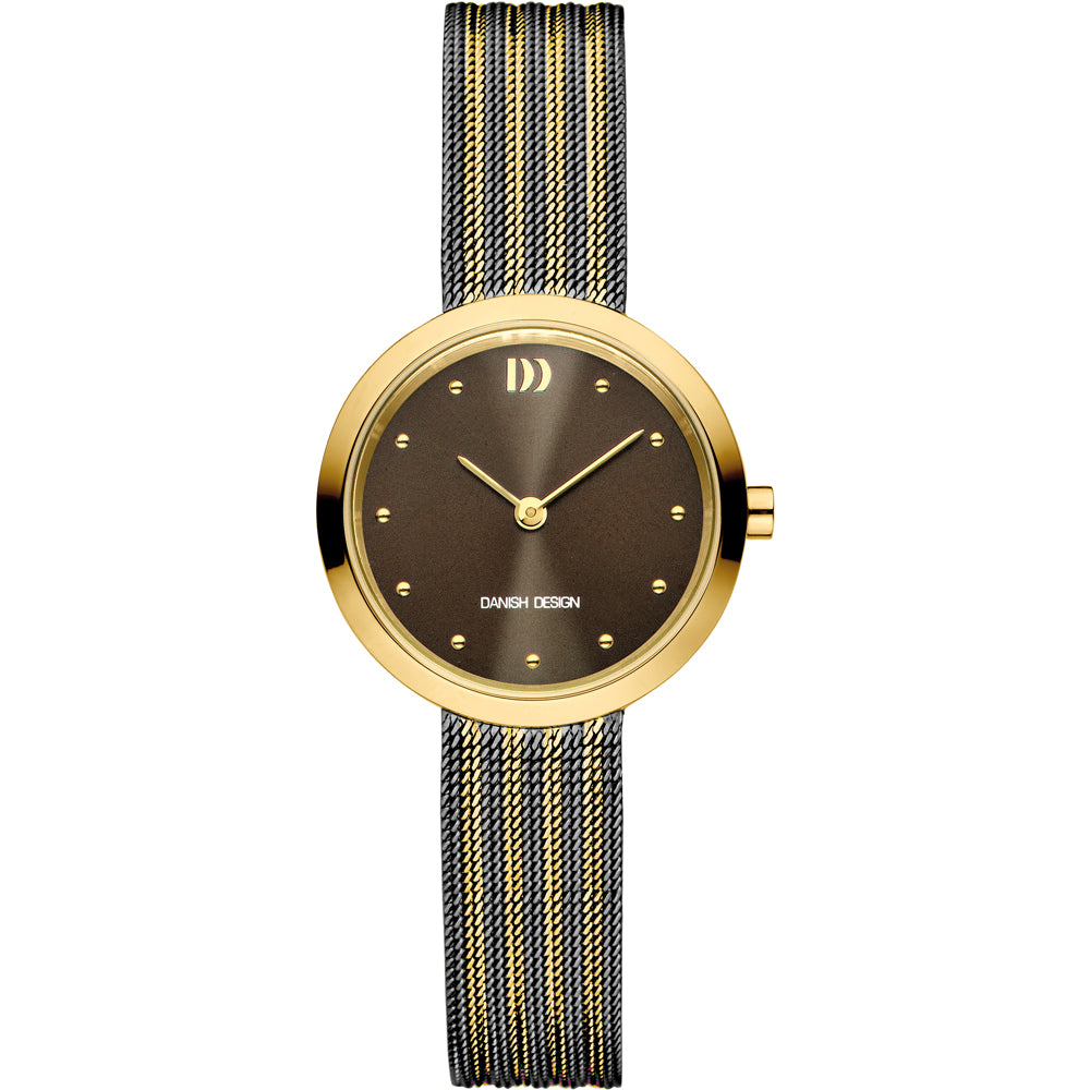 Gouden horloge met een bruine wijzerplaat en een mesh-band in zwart en goud.