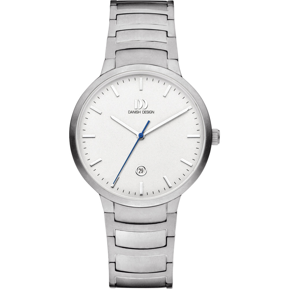 Zilveren horloge met een witte wijzerplaat, blauwe secondewijzer en een metalen schakelband.