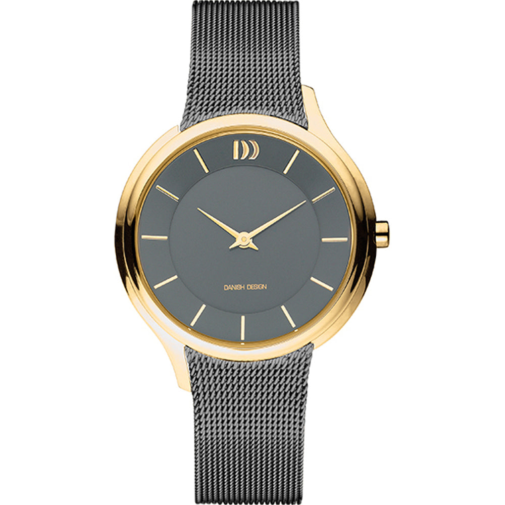 Gouden horloge met grijze wijzerplaat en een mesh-band in zilver.