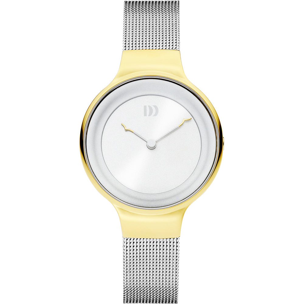 Gouden horloge met een zilveren mesh-band en een minimalistische witte wijzerplaat.