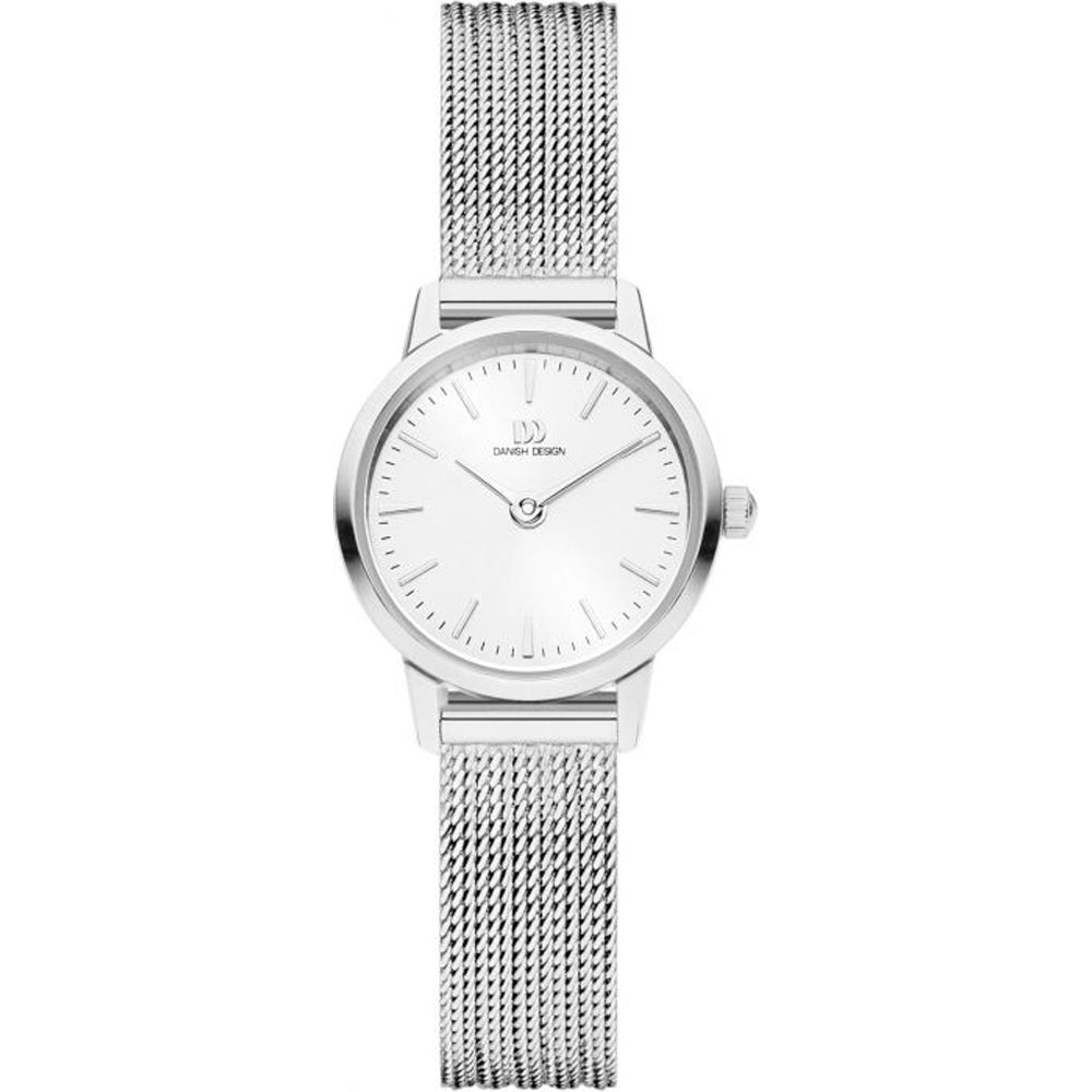 Zilveren horloge met mesh-band en een witte wijzerplaat zonder cijfers.