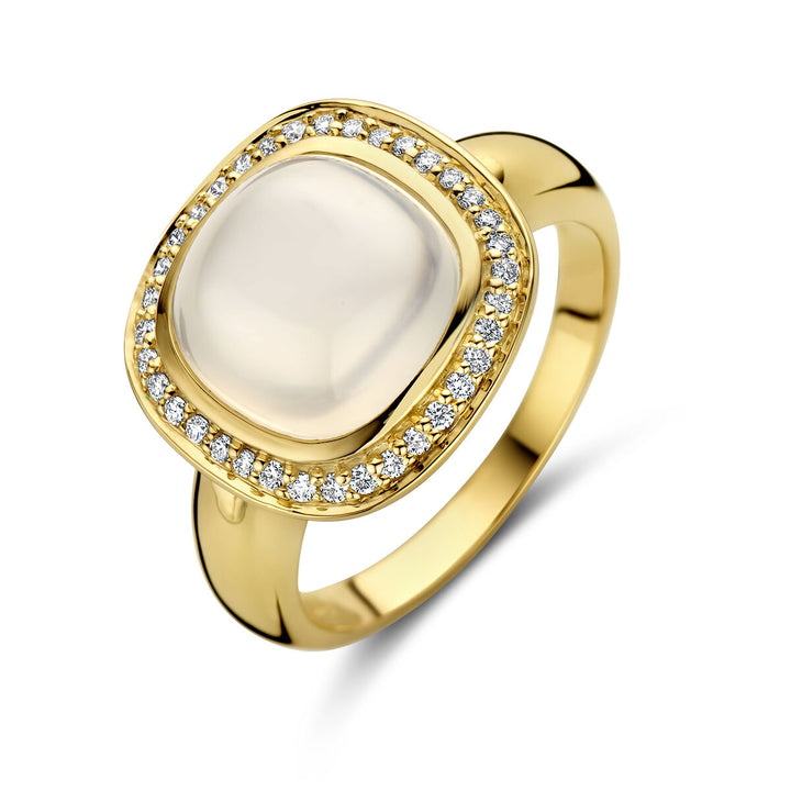 ring white moonstone and diamond 0.20ct h si halo 14K yellow gold