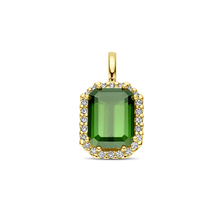 pendant green tourmaline and diamond 0.10ct h si halo 14K yellow gold