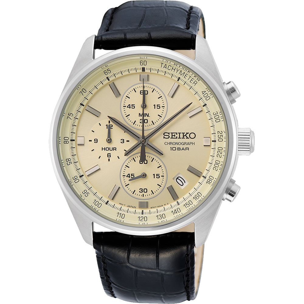 Heren horloge met zilveren kast, crème wijzerplaat, zwarte leren band en chronograaffunctie.
