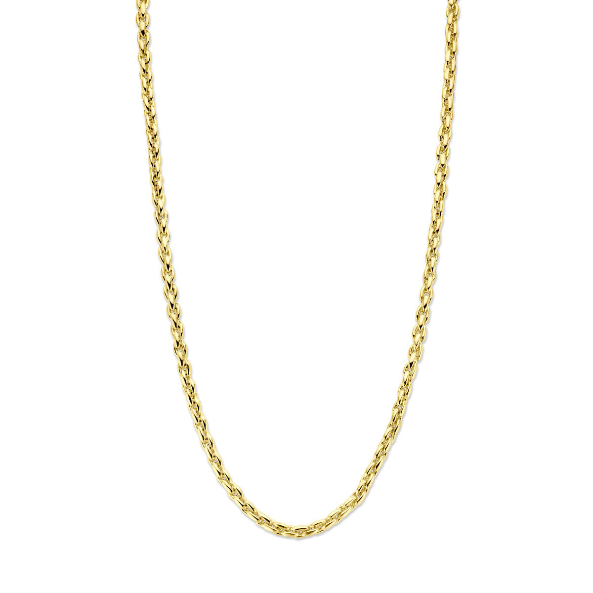 Fantasie schakel collier van 14K geelgoud, 4,5 mm breed en 45 cm lang.