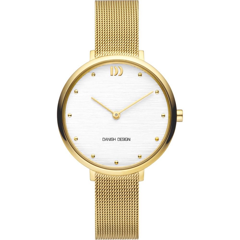 Gouden horloge met witte wijzerplaat en mesh-band, voorzien van gouden stippen als uurmarkeringen.