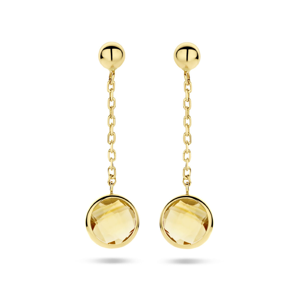 Oorhangers van 14K geelgoud met een citrien steen, hangend aan een schakelketting.
