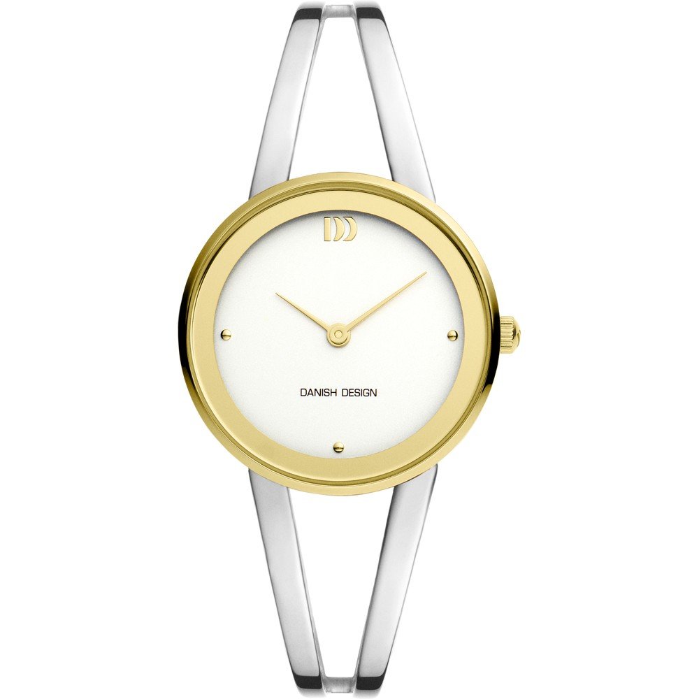 Gouden horloge met een witte wijzerplaat, slanke zilveren band en subtiele steentjes op de wijzerplaat.