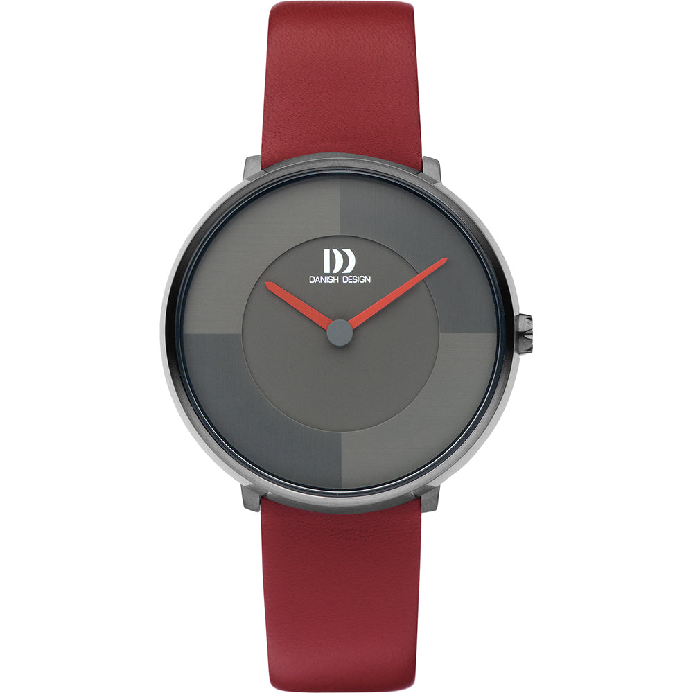 Grijs horloge met ronde wijzerplaat, rode leren band en opvallende rode secondewijzer.
