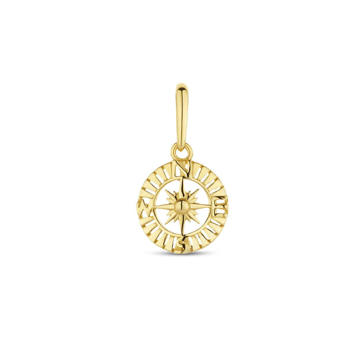 Hanger in 14K geelgoud in de vorm van een kompas met een gedetailleerde zon en markeringen.