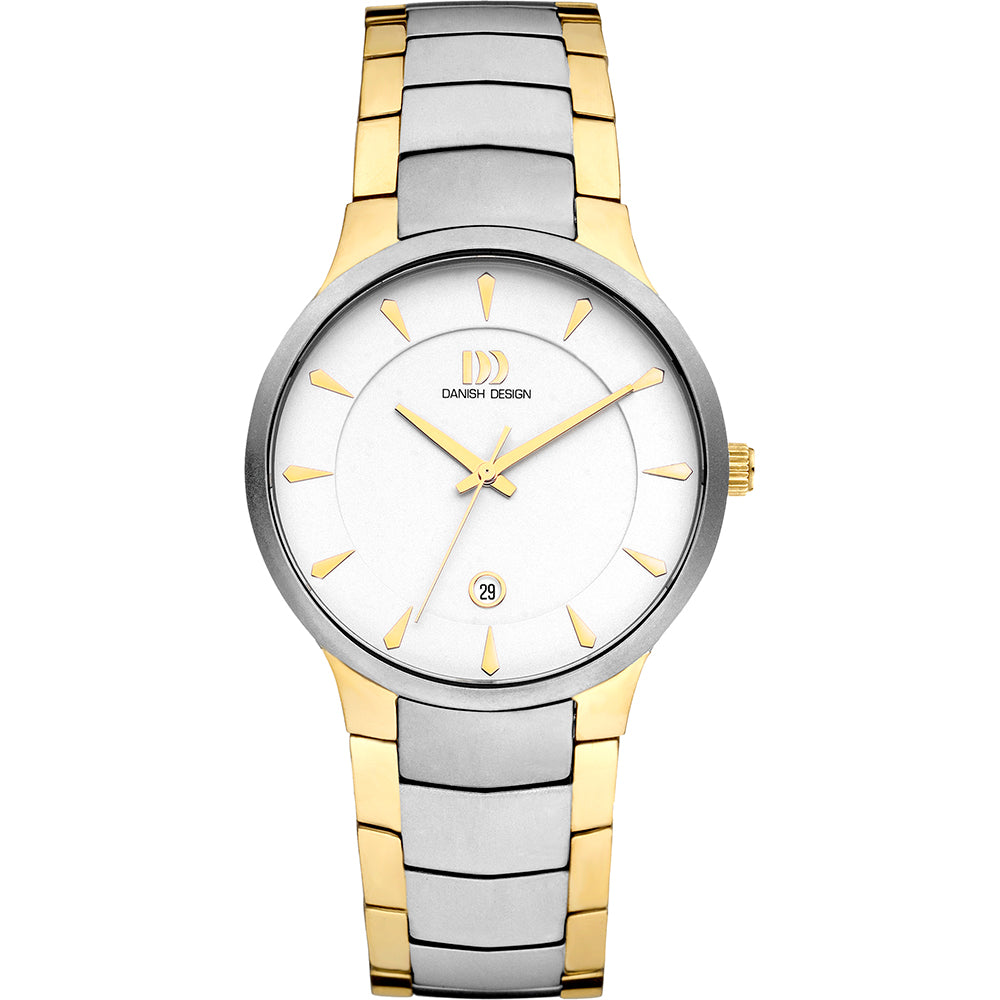 Gouden en zilveren horloge met witte wijzerplaat en gouden indexen.
