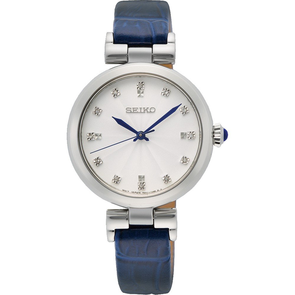 Dames horloge met een zilveren kast, witte wijzerplaat, blauwe wijzer en een blauwe krokodillenleren band.