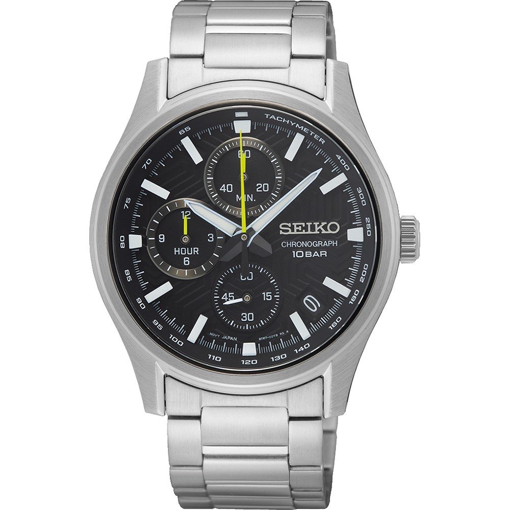 Heren horloge van Seiko met een zwarte wijzerplaat, zilveren stalen band en chronograaffunctie.