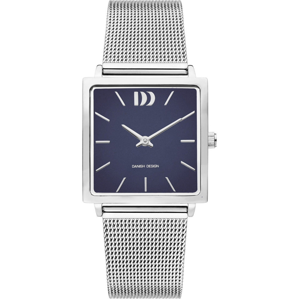 Zilveren vierkant horloge met blauwe wijzerplaat en mesh-band.