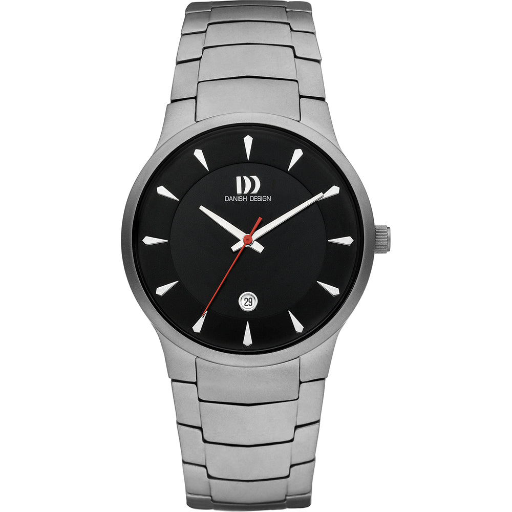Zilveren horloge met een zwarte wijzerplaat, witte uurmarkeringen en een rode secondewijzer.