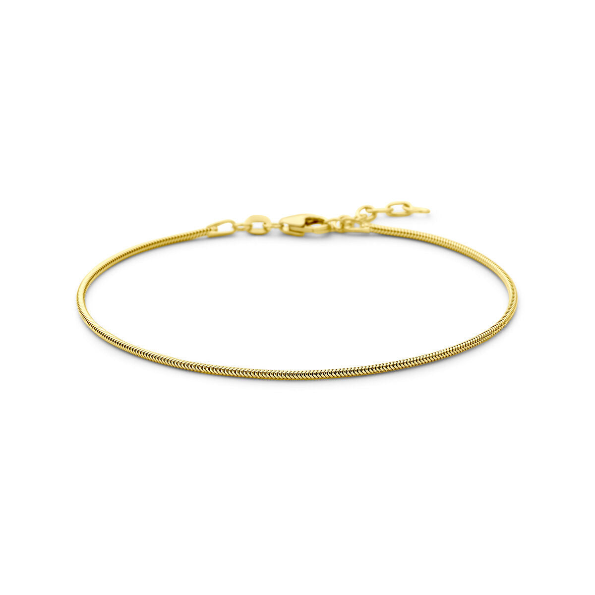 De Van der Kooij Collectie Gouden armband heren slang rond 1,2 mm 14K heeft een delicaat ontwerp met karabijnsluiting en verstelbare schakels-een tijdloos accessoire voor elke gelegenheid, perfect voor elke stijl.