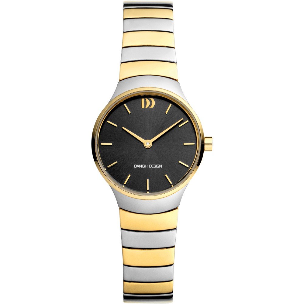 Zilveren horloge met zwarte wijzerplaat en gouden accenten, voorzien van een schakelband met een mix van zilver en goud.