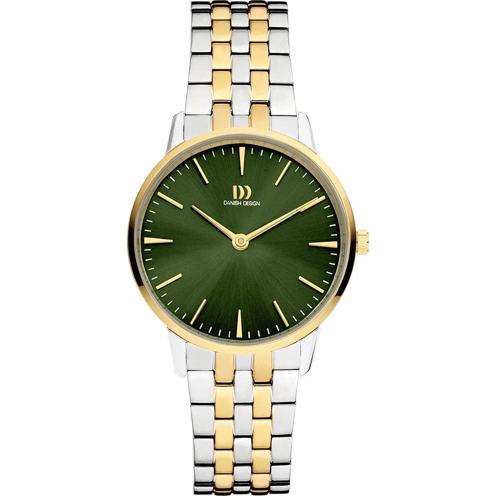 Dameshorloge met groene wijzerplaat, zilveren en gouden schakelband, minimalistisch ontwerp.
