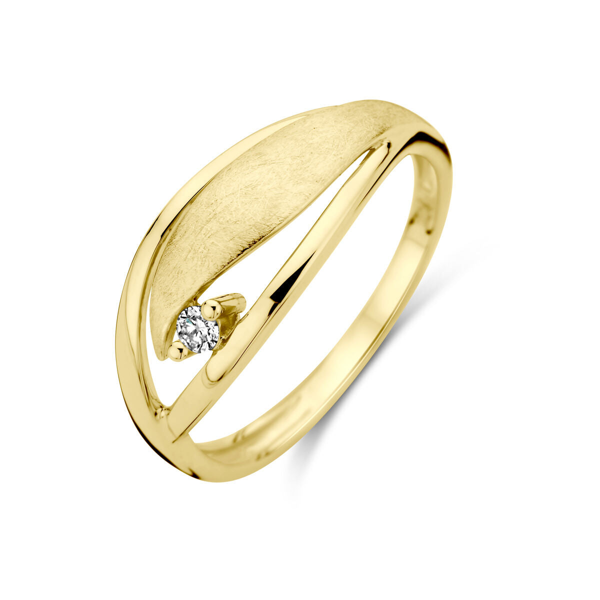 De Van der Kooij Collectie ring in 14K geelgoud heeft een 0,04ct H SI diamant, een modern asymmetrisch ontwerp en zowel een gepolijste als matte afwerking voor een unieke, elegante uitstraling.