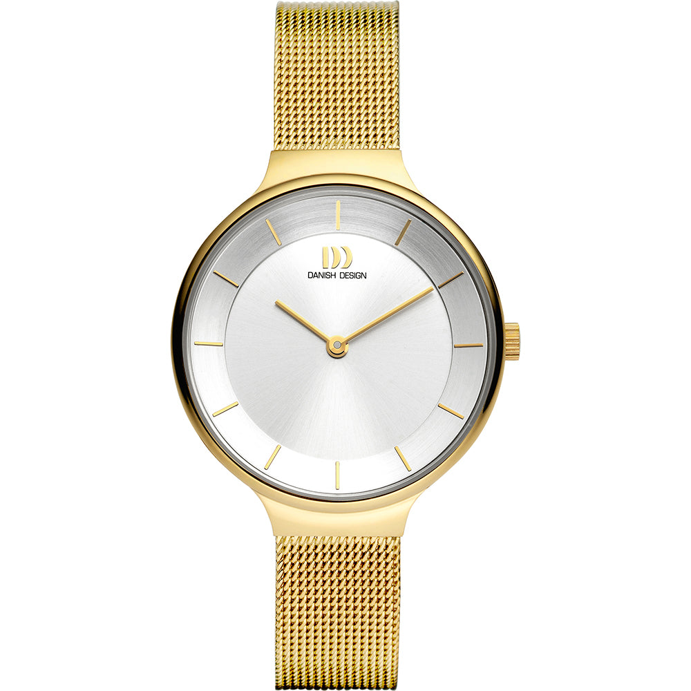 Gouden horloge met een zilveren wijzerplaat en een mesh-band.