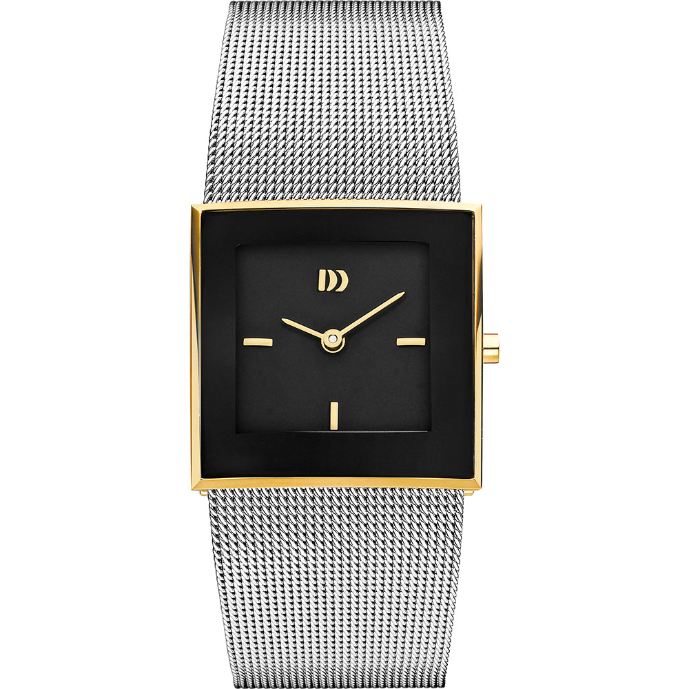 Zilveren mesh-band horloge met vierkante zwarte wijzerplaat en gouden accenten.