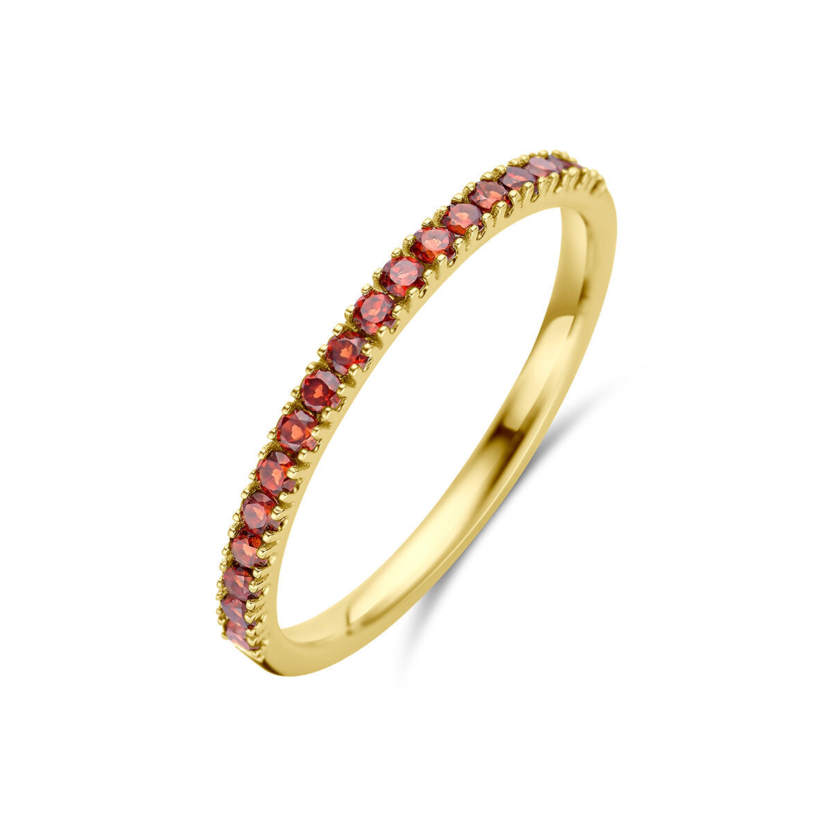 De Van der Kooij Collectie ring met geboortesteen granaat januari, gemaakt van 14K geelgoud, is een elegante damesring met kleine ronde granaatstenen aan de bovenzijde, getoond op een witte achtergrond.