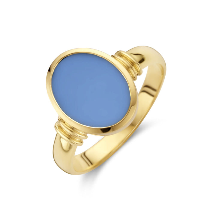 signet ring solid light blue layered stone 11 x 8.5mm 14K yellow gold