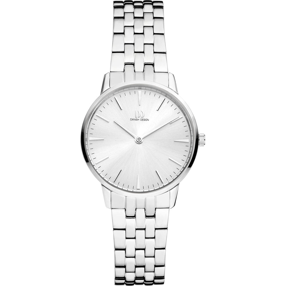 Zilveren horloge met een eenvoudige wijzerplaat en een schakelband.