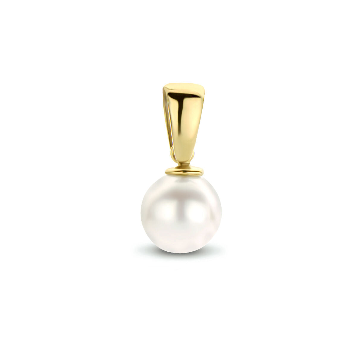 Een gladde, ronde witte parel hanger gezet in een eenvoudige 14K geelgouden hanger uit de Van der Kooij Collectie, afgebeeld op een witte achtergrond. Product: hanger parel 14K geelgoud.