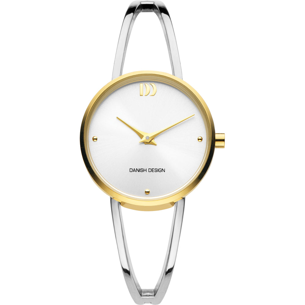 Gouden horloge met een witte wijzerplaat en een slanke zilveren band.