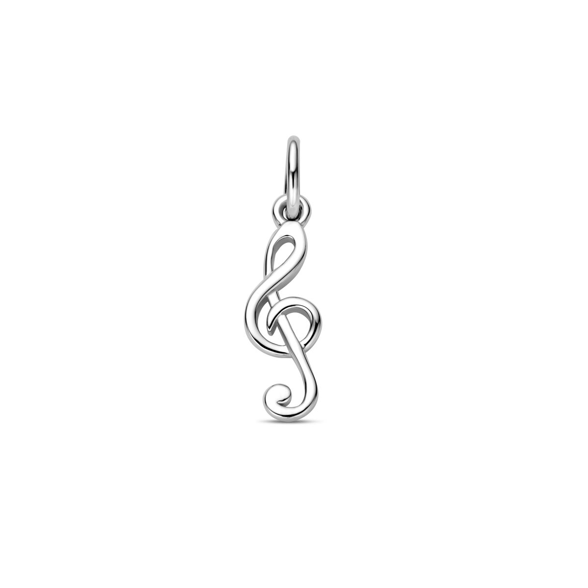 Zilveren gerhodineerde hanger in de vorm van een muzieknoot met sierlijke lijnen.