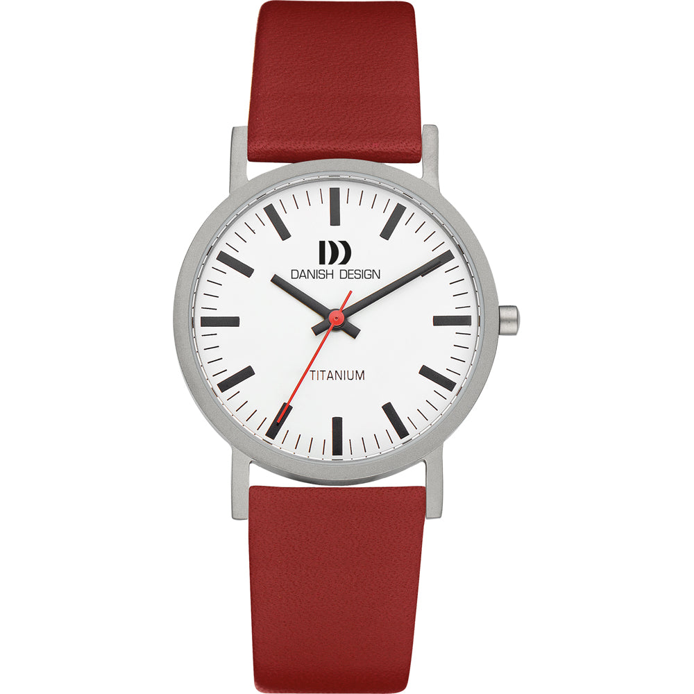 Herenhorloge met witte wijzerplaat, titanium kast en rode rubberen band.