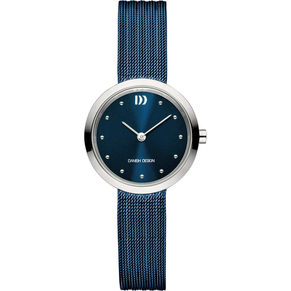 Blauw horloge met metalen mesh-band, ronde kast en strass-steentjes op de wijzerplaat.