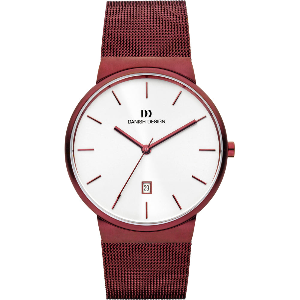 Rood horloge met een witte wijzerplaat, dunne wijzers en een datumaanduiding, afgewerkt met een mesh-band.