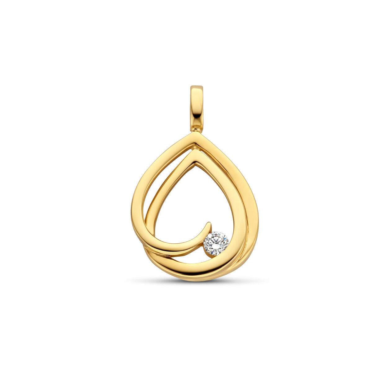 Hanger in 14K geelgoud met een druppelvorm en een diamant van 0.06ct in het midden.