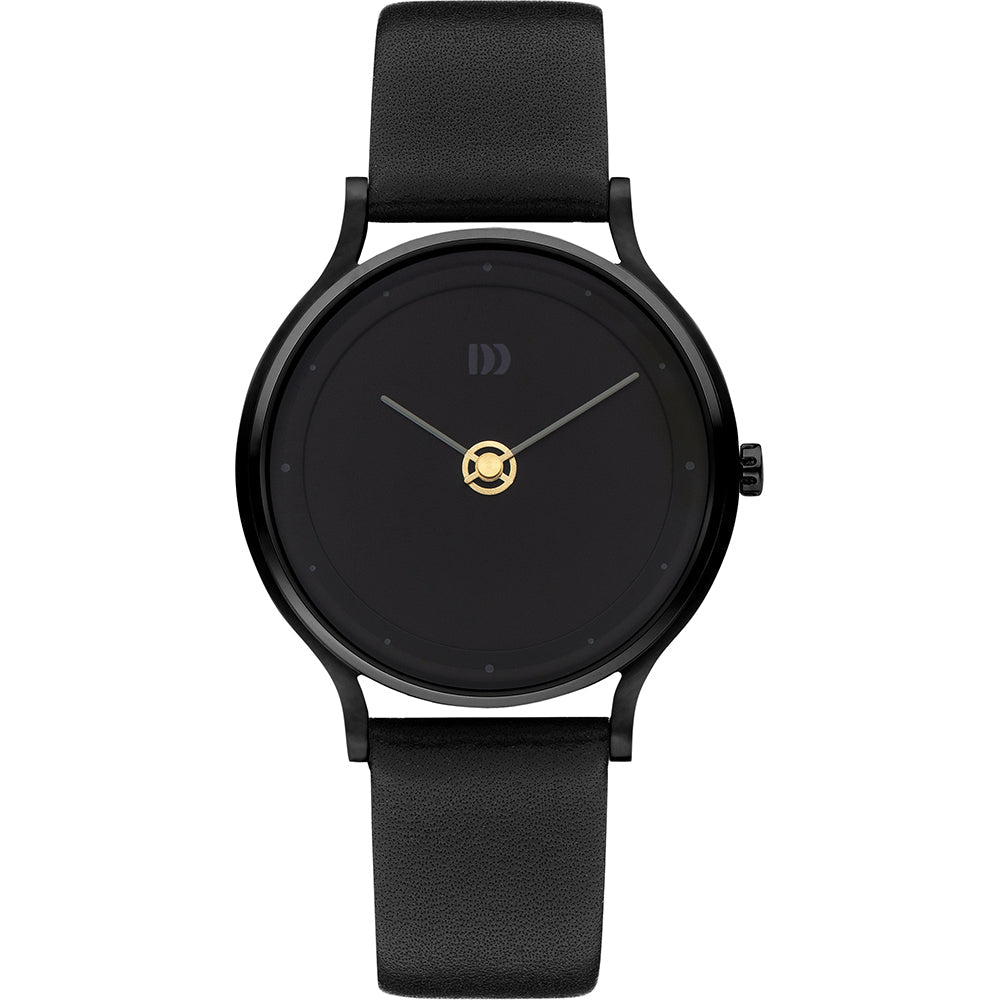 Zwart horloge met een minimalistische wijzerplaat, gouden details en een leren band.