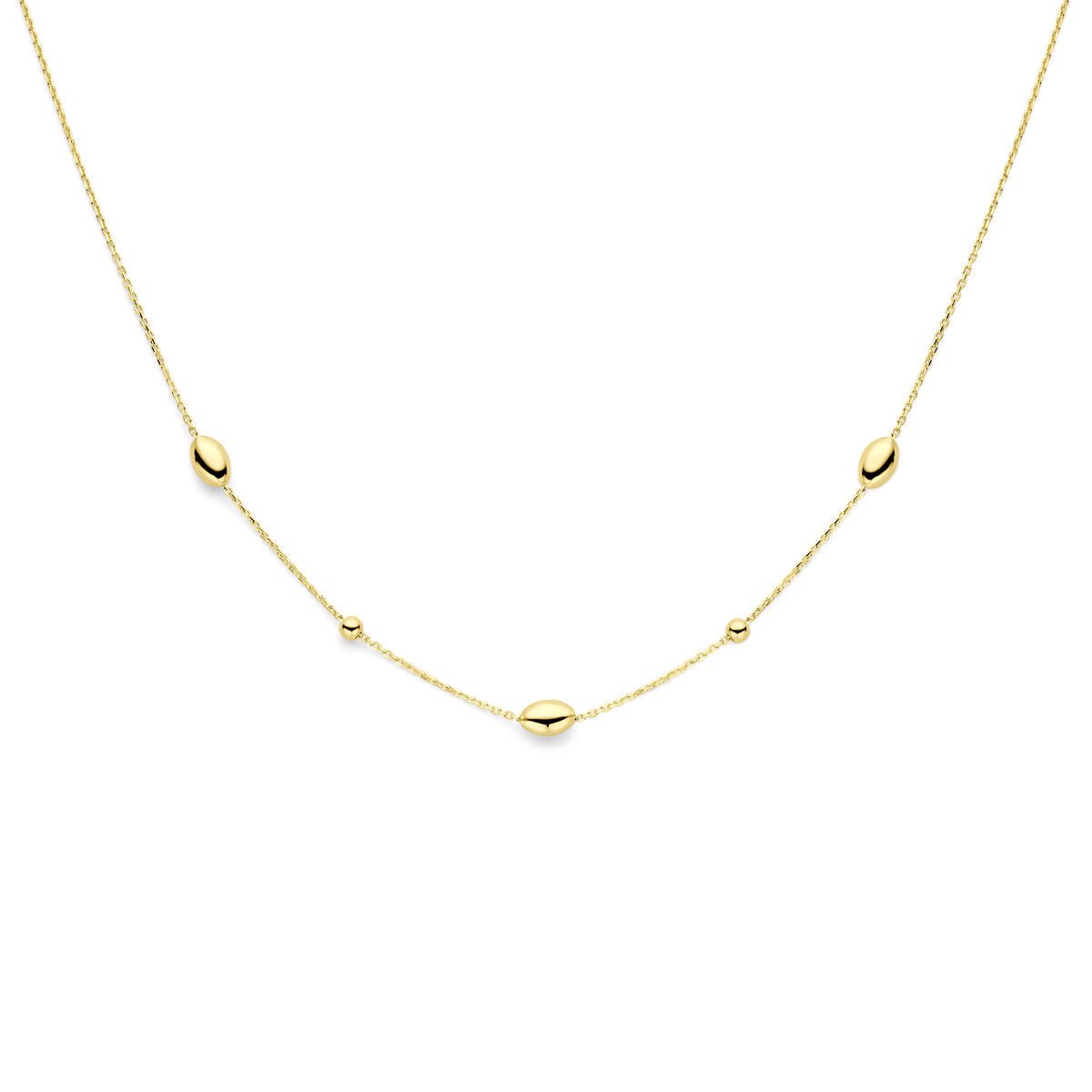 Gouden damesketting met ovaaltjes en bolletjes van 14K, fijn en subtiel ontwerp.