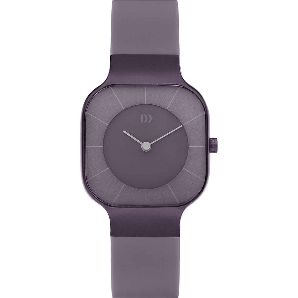 Paarse horloge met vierkante kast en een minimalistische wijzerplaat zonder cijfers.
