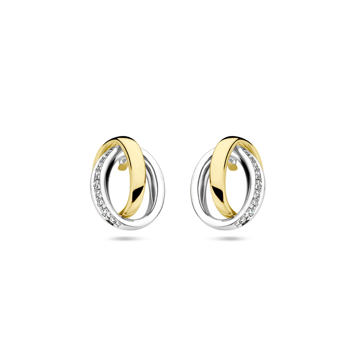 Bicolor gouden oorknoppen met een combinatie van geel en wit goud, versierd met diamanten.