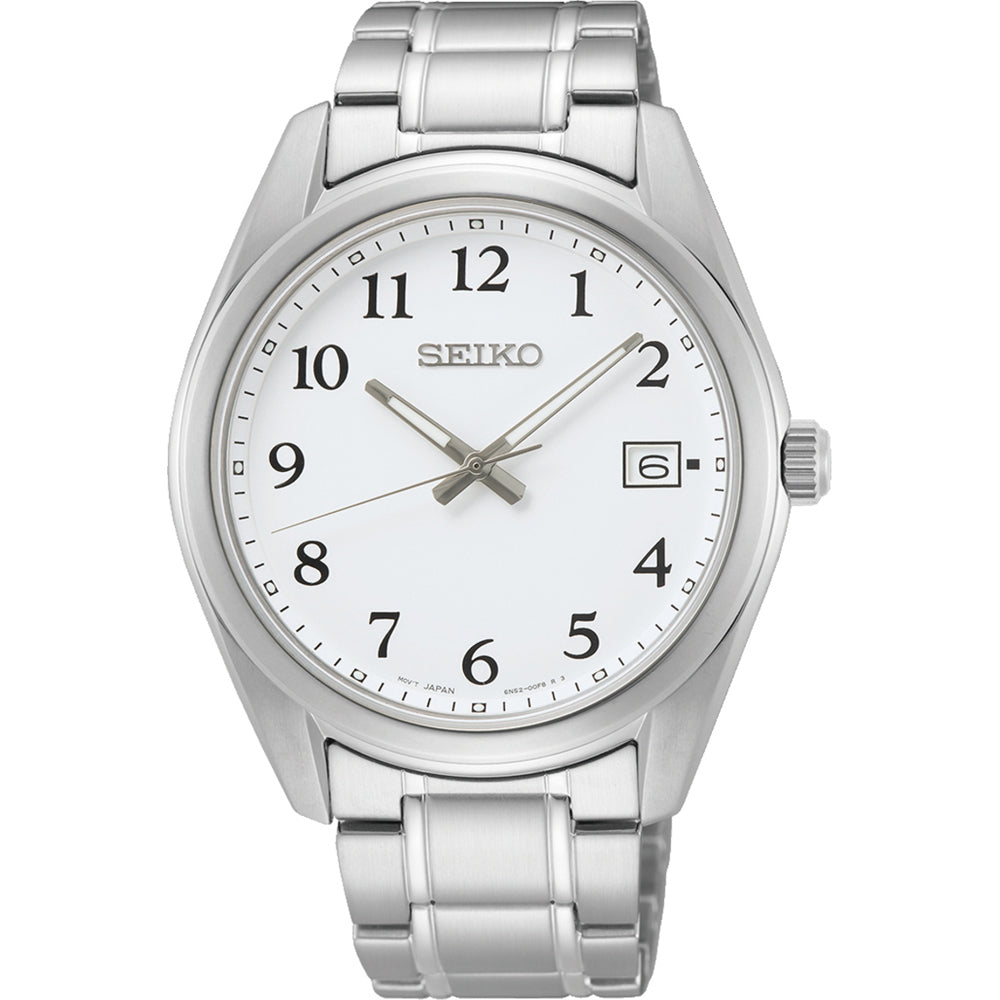 Heren horloge van staal met een witte wijzerplaat, zwarte cijfers en een datumaanduiding.
