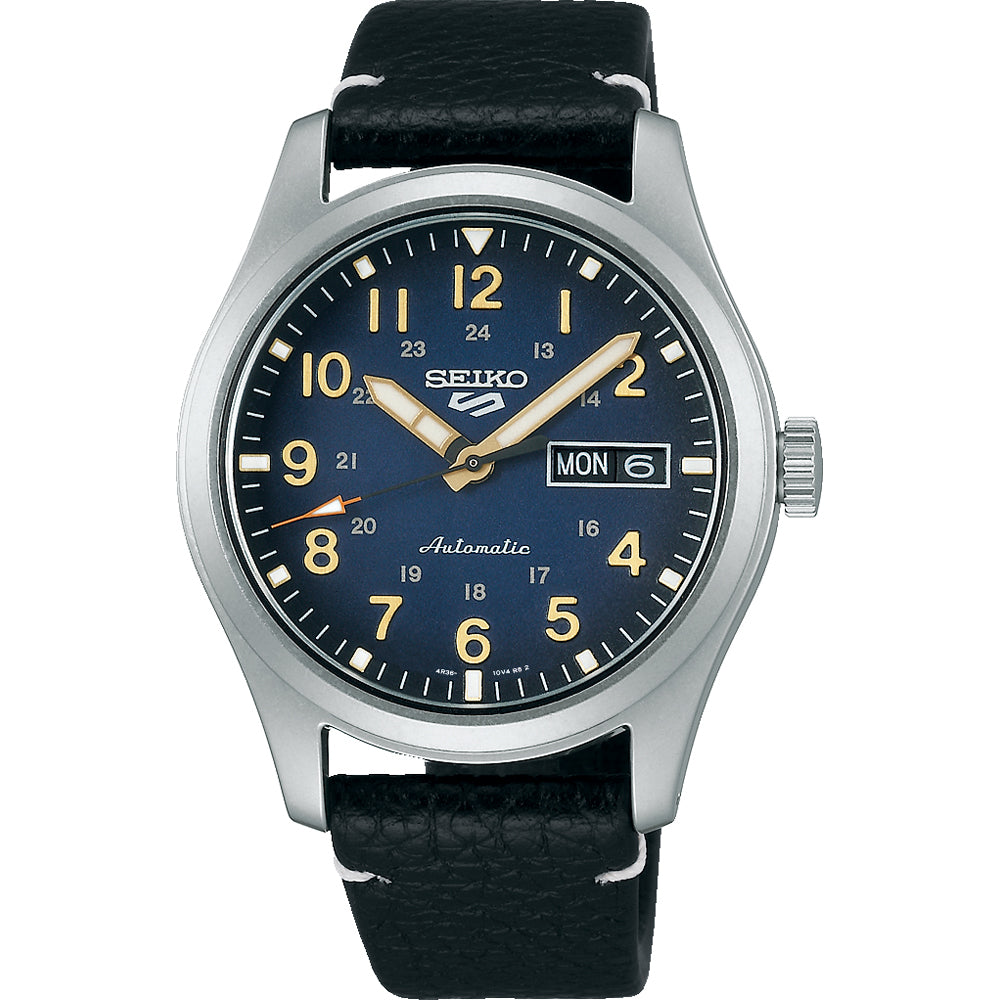 Heren horloge met zwarte leren band, zilveren kast, blauwe wijzerplaat en gouden cijfers.