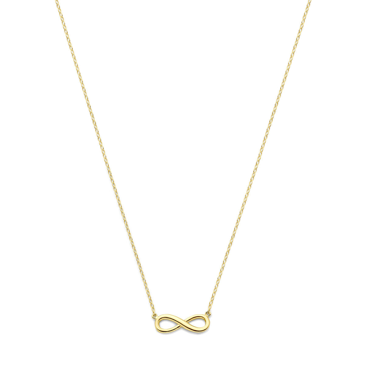 Dit elegante dames sieraad van Van der Kooij Collectie is een 14K geelgoud collier infinity (41 + 2 cm), met een kleine gouden infinity hanger gecentreerd aan de onderkant. De achtergrond is wit.