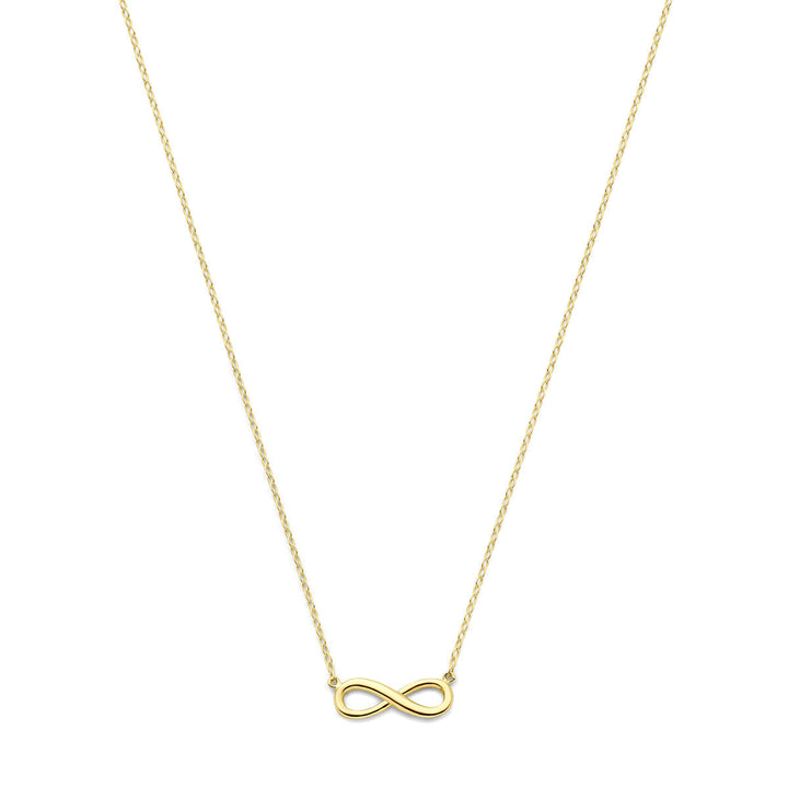 Dit elegante dames sieraad van Van der Kooij Collectie is een 14K geelgoud collier infinity (41 + 2 cm), met een kleine gouden infinity hanger gecentreerd aan de onderkant. De achtergrond is wit.