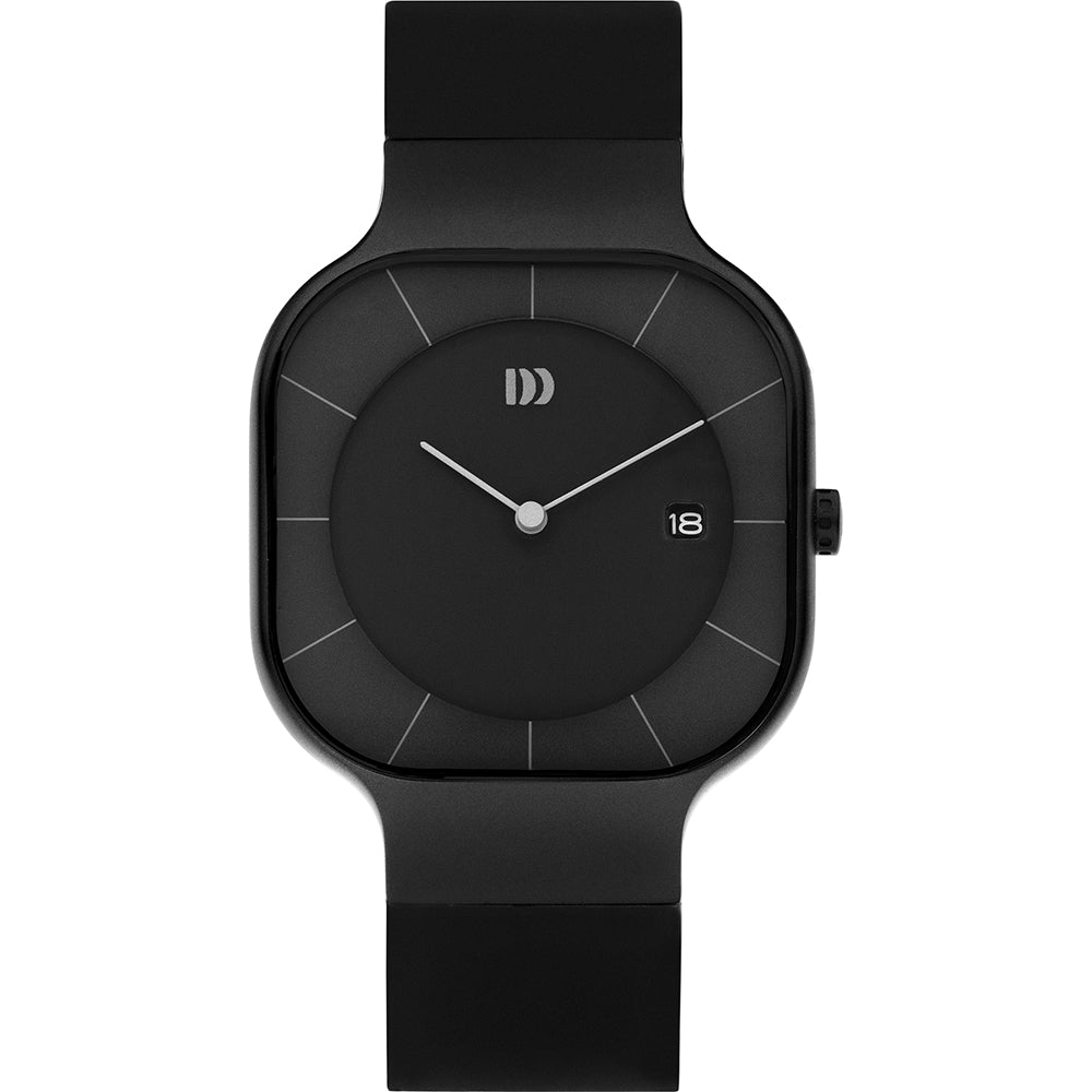 Zwart horloge met vierkante kast, minimalistische wijzerplaat en rubberen band.