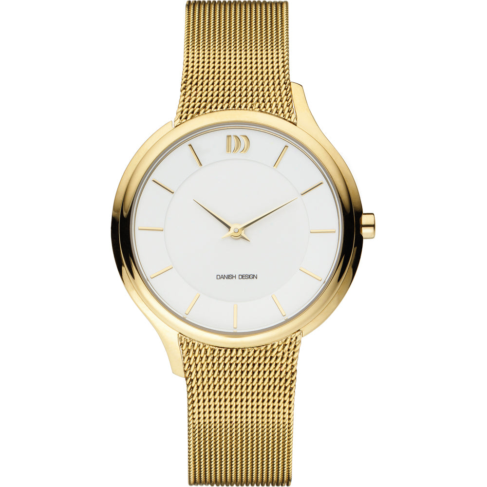 Gouden horloge met een witte wijzerplaat en een mesh-band.