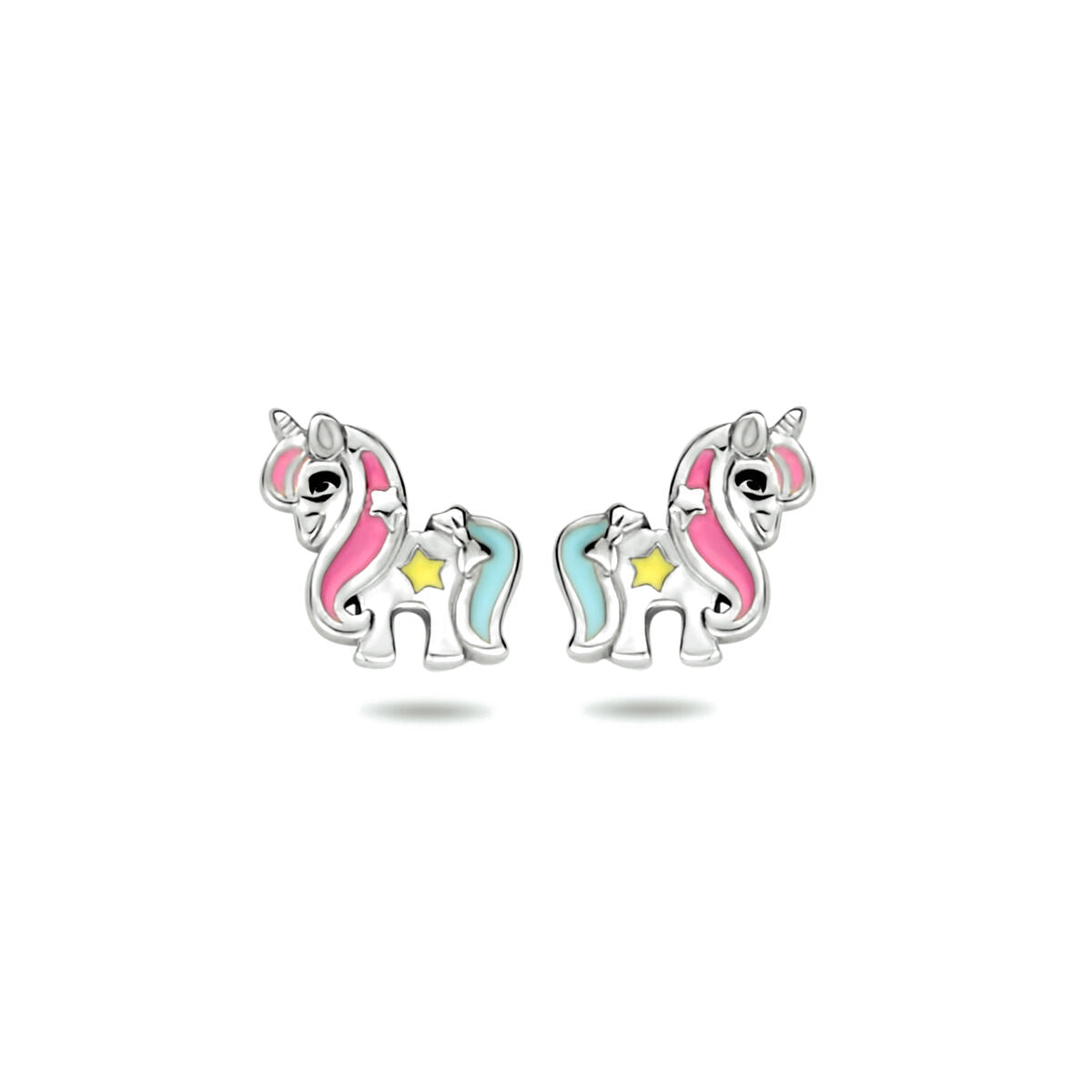 Van der Kooij Collectie oorknoppen eenhoorn zilver gerhodineerd: eenhoornvormige studs met roze en blauwe manen, gele zijsterren en glanzend zilverkleurig, afgebeeld op een witte achtergrond - perfecte kinderoorbellen.