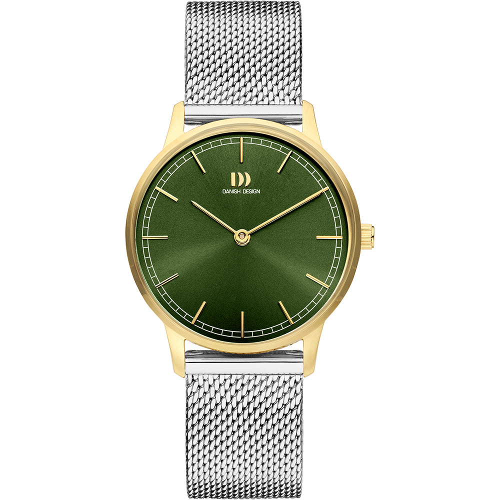 Gouden horloge met groene wijzerplaat en zilveren mesh-band.